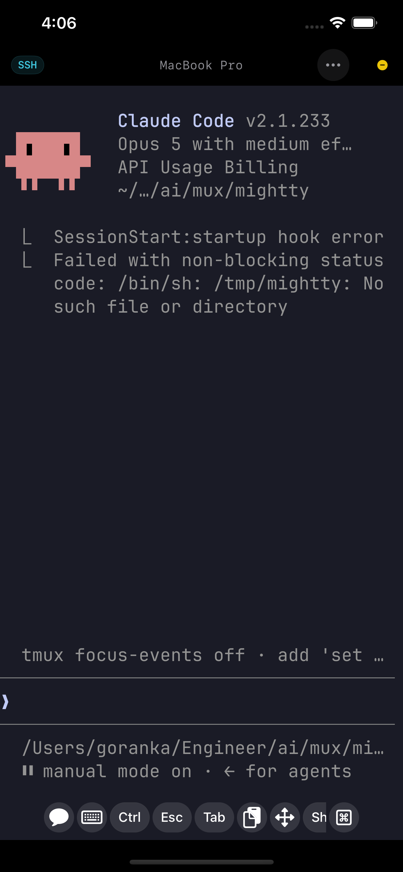 Mightty terminal connected to a MacBook Pro with Claude Code running